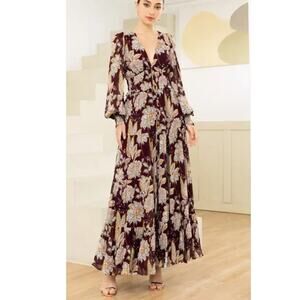 Yumi Kim Sz M Frida Maxi Dress Maroon Paisley Cinch Waist Wedding Guest Feminine